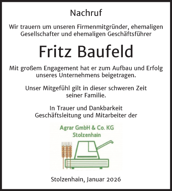 Traueranzeige von Fritz Baufeld von Super Sonntag Zeitz