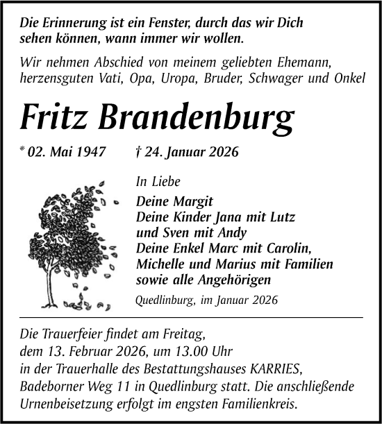 Traueranzeige von Fritz Brandenburg von Trauerkombi Quedlinburg