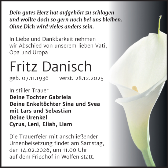 Traueranzeige von Fritz Danisch von Trauerkombi Bitterfeld