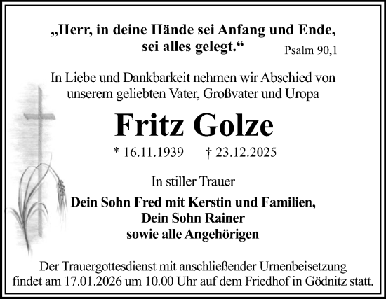 Traueranzeige von Fritz Golze von Volksstimme Zerbst