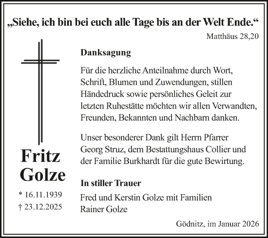 Traueranzeige von Fritz Golze von Volksstimme Zerbst