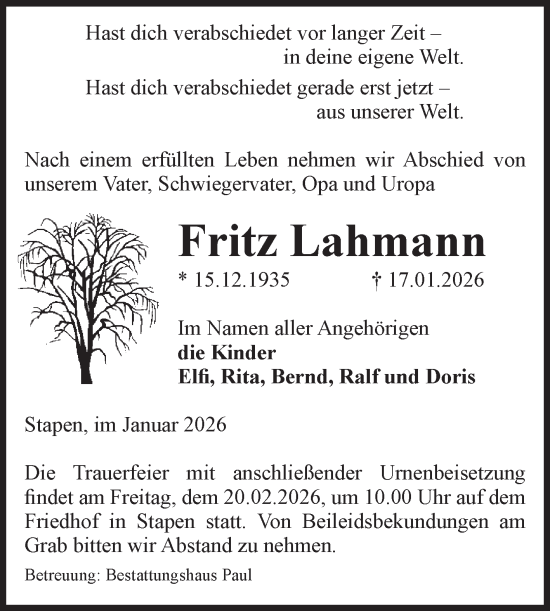 Traueranzeige von Fritz Lahmann von Volksstimme Altmark West