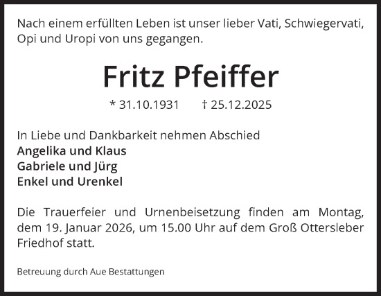 Traueranzeige von Fritz Pfeiffer von Volksstimme Magdeburg