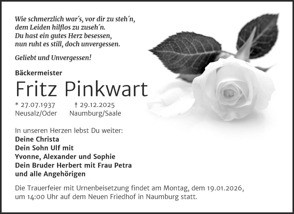  Traueranzeige für Fritz Pinkwart vom 10.01.2026 aus Naumburger Tageblatt