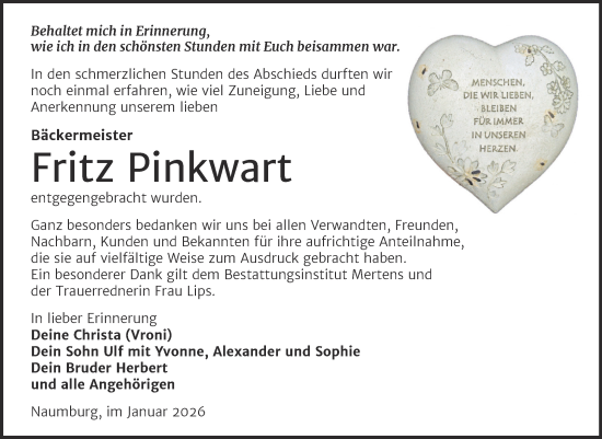 Traueranzeige von Fritz Pinkwart von Super Sonntag Naumburg/Nebra