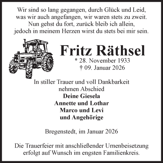 Traueranzeige von Fritz Räthsel von Volksstimme Haldensleben/Wolmirstedt