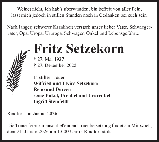 Traueranzeige von Fritz Setzekorn von Volksstimme Altmark Ost