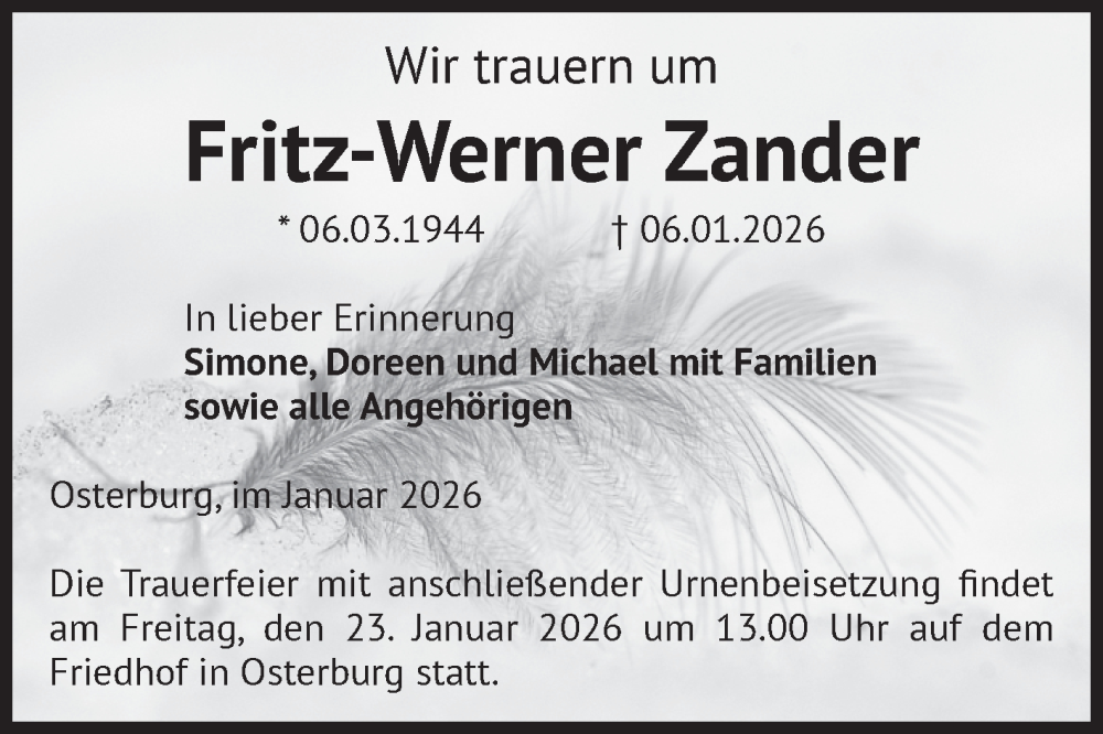  Traueranzeige für Fritz-Werner Zander vom 16.01.2026 aus Volksstimme Altmark Ost