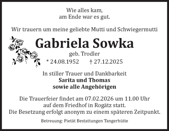 Traueranzeige von Gabriela Sowka von Volksstimme Haldensleben/Wolmirstedt