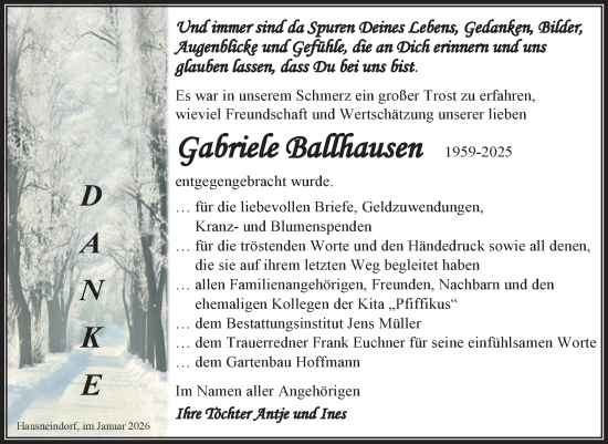 Traueranzeige von Gabriele Ballhausen von Trauerkombi Quedlinburg