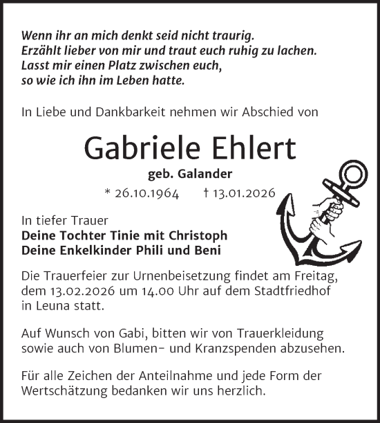 Traueranzeige von Gabriele Ehlert von Trauerkombi Merseburg