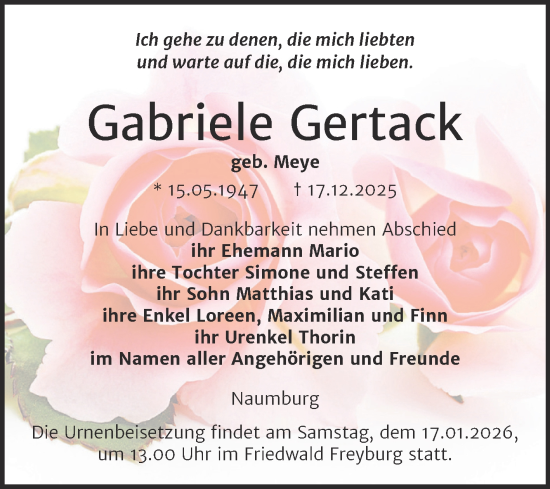 Traueranzeige von Gabriele Gertack von Super Sonntag Naumburg/Nebra