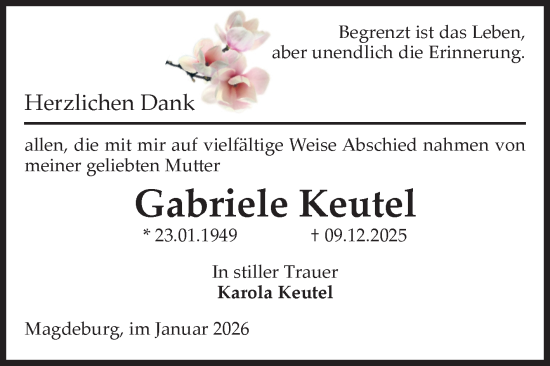 Traueranzeige von Gabriele Keutel von Volksstimme Magdeburg