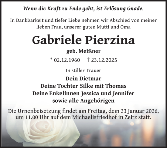 Traueranzeige von Gabriele Pierzina von Trauerkombi Zeitz
