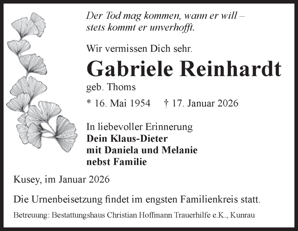  Traueranzeige für Gabriele Reinhardt vom 21.01.2026 aus Volksstimme Altmark West