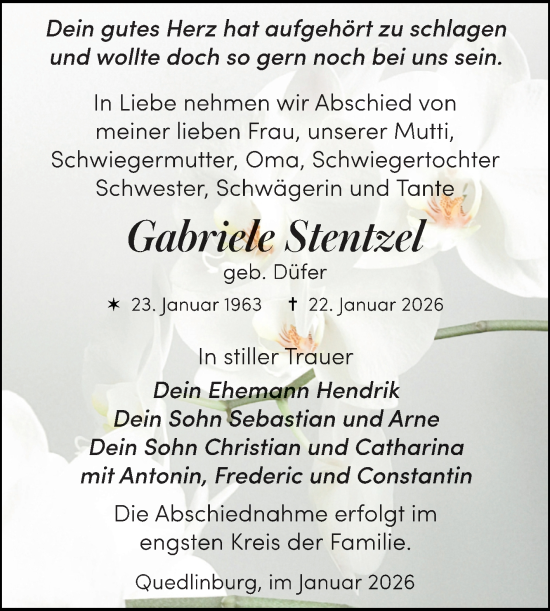 Traueranzeige von Gabriele Stentzel von Trauerkombi Quedlinburg