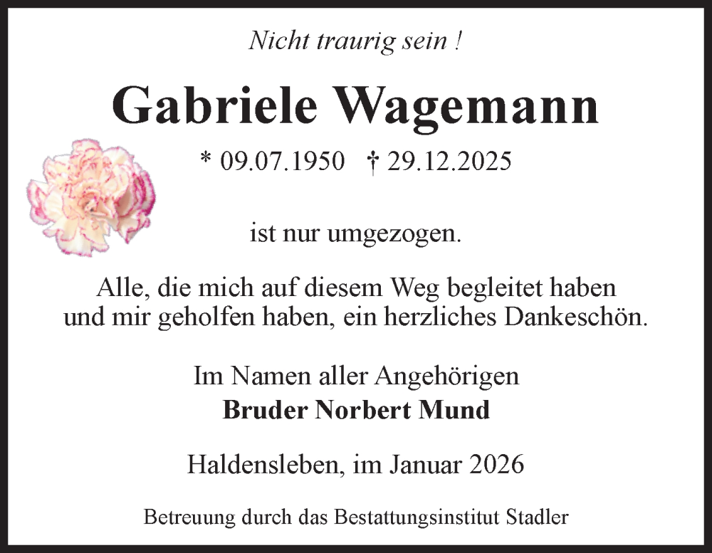  Traueranzeige für Gabriele Wagemann vom 17.01.2026 aus Volksstimme Haldensleben/Wolmirstedt