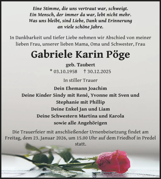 Traueranzeige von Gabriele Karin Pöge von Trauerkombi Zeitz