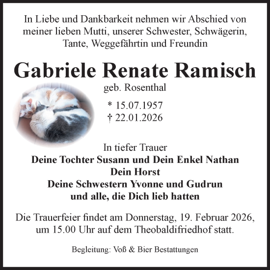 Traueranzeige von Gabriele Renate Ramisch von Volksstimme Wernigerode