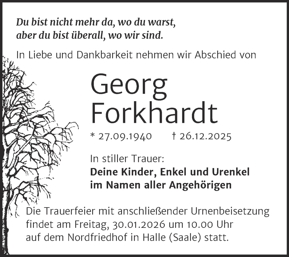  Traueranzeige für Georg Forkhardt vom 17.01.2026 aus Trauerkombi Merseburg