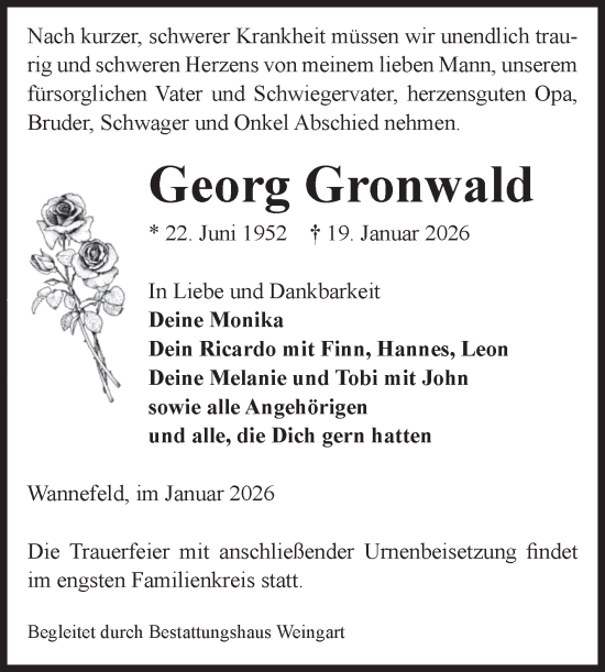 Traueranzeige von Georg Gronwald von Volksstimme Altmark West