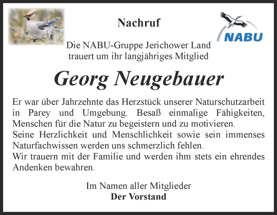 Traueranzeige von Georg Neugebauer von Volksstimme Burg/Genthin