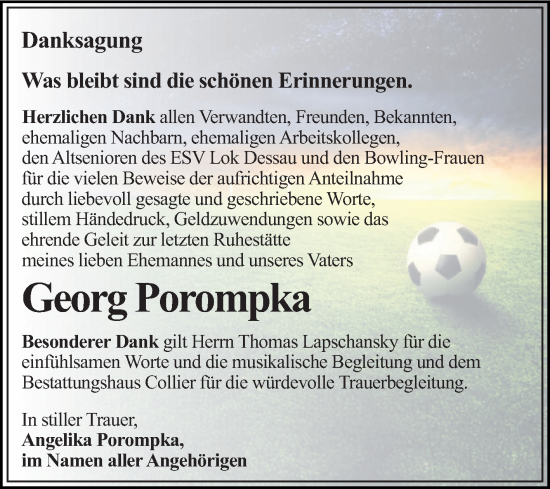 Traueranzeige von Georg Porompka von Trauerkombi Dessau