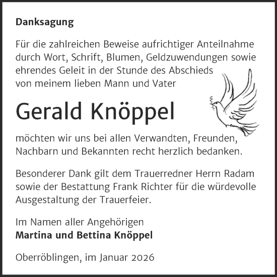 Traueranzeige von Gerald Knöppel von Trauerkombi Sangerhausen