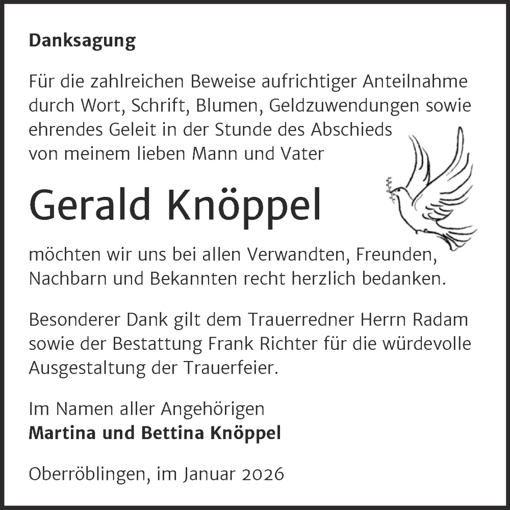  Traueranzeige für Gerald Knöppel vom 28.01.2026 aus Trauerkombi Sangerhausen