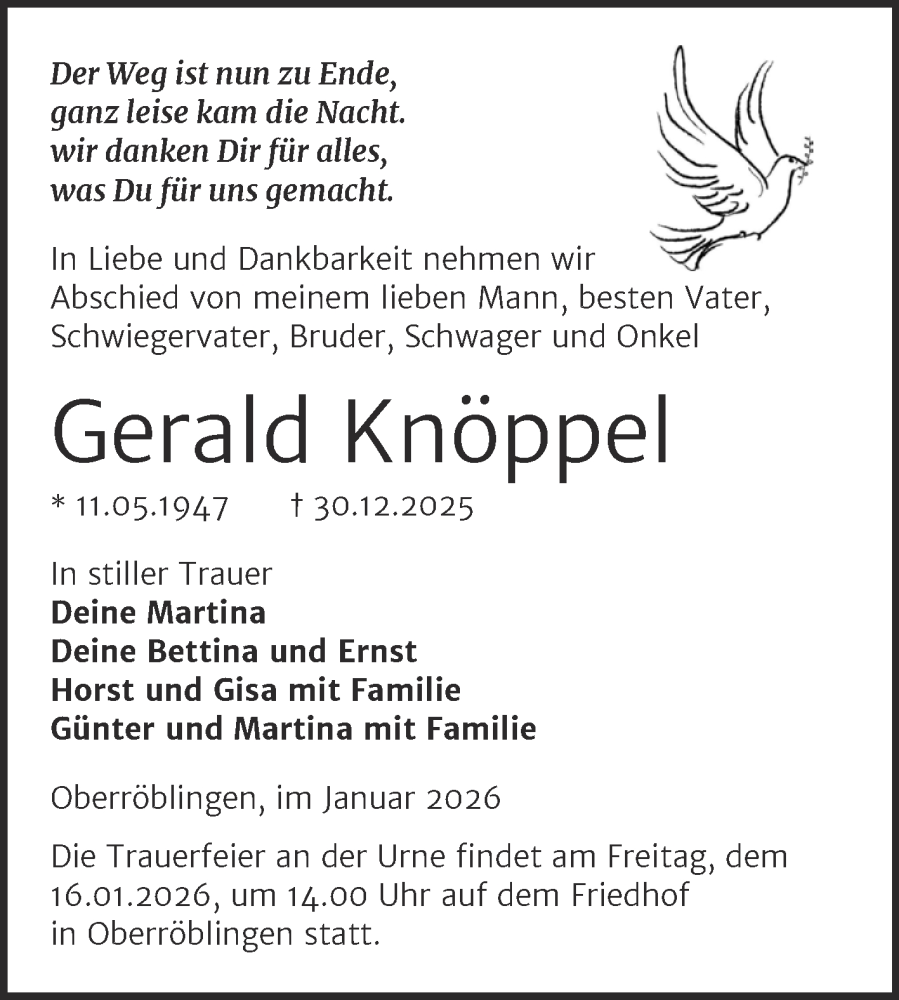  Traueranzeige für Gerald Knöppel vom 07.01.2026 aus Trauerkombi Sangerhausen