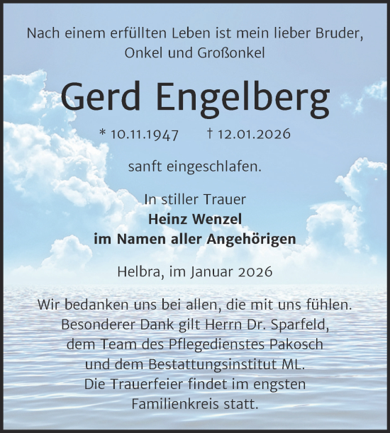 Traueranzeige von Gerd Engelberg von Trauerkombi Mansfelder Land