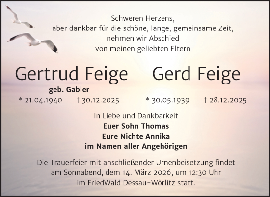 Traueranzeige von Gertrud „Gerti“ und  Gerd Feige von Trauerkombi Wittenberg