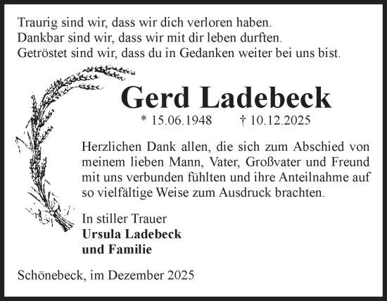Traueranzeige von Gerd Ladebeck von Volksstimme Schönebeck