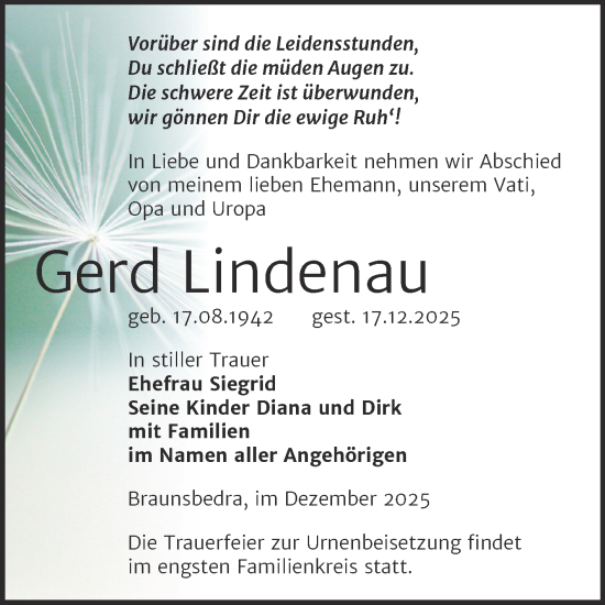 Traueranzeige von Gerd Lindenau von Trauerkombi Merseburg
