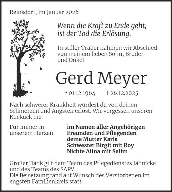 Traueranzeige von Gerd Meyer von Trauerkombi Wittenberg
