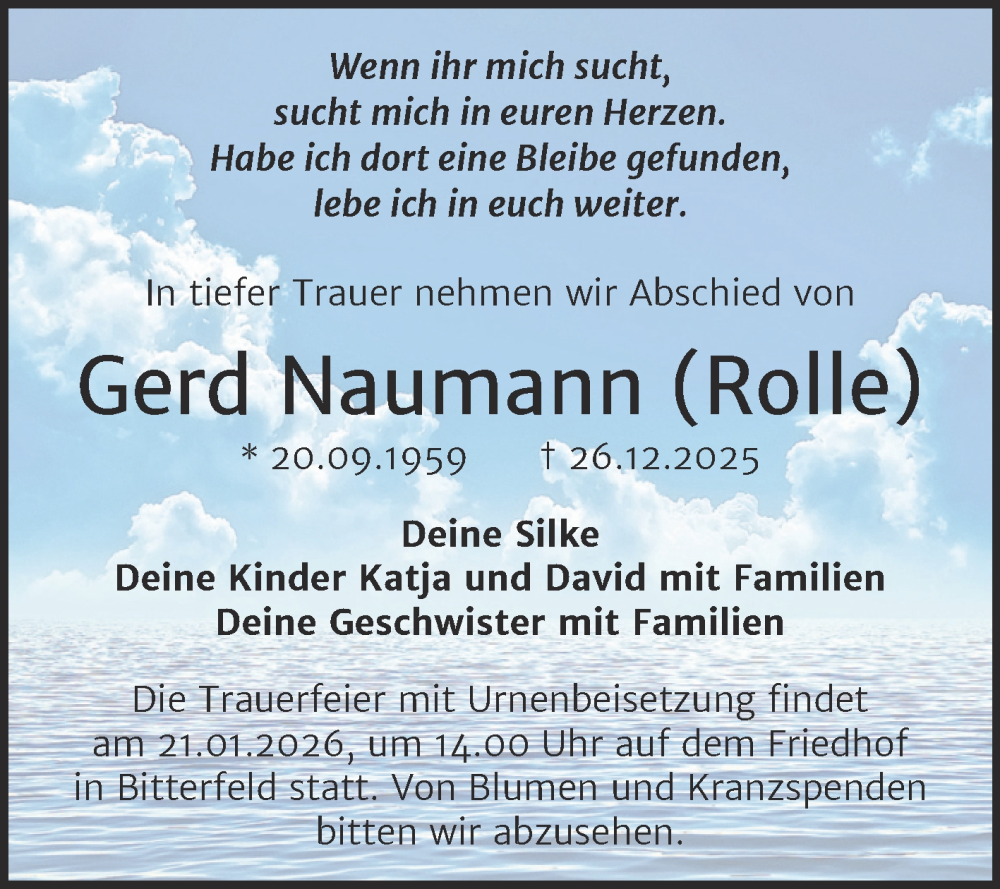  Traueranzeige für Gerd Naumann vom 17.01.2026 aus Trauerkombi Bitterfeld
