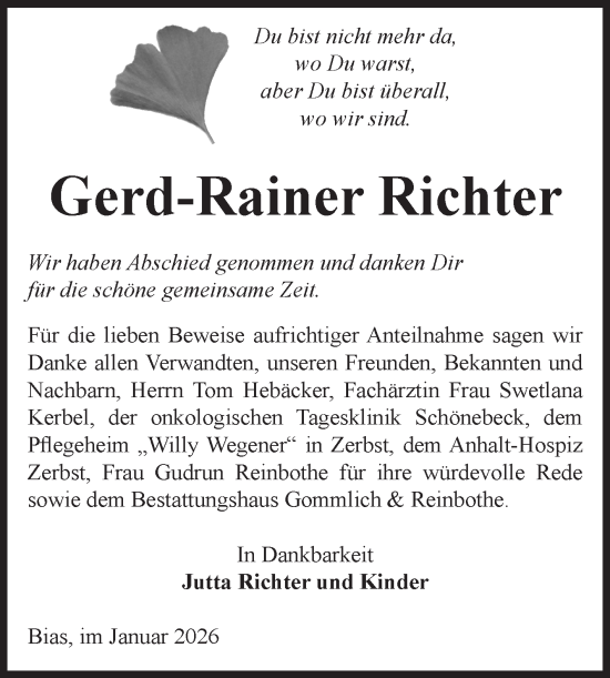 Traueranzeige von Gerd-Rainer Richter von Volksstimme Zerbst