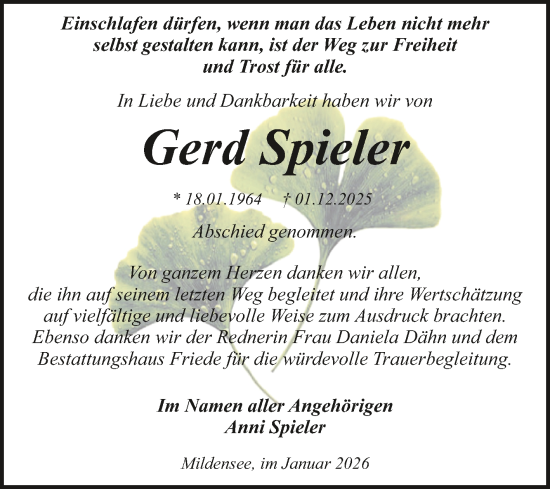 Traueranzeige von Gerd Spieler von Trauerkombi Dessau