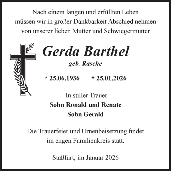 Traueranzeige von Gerda Barthel 
