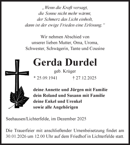 Traueranzeige von Gerda Durdel von Volksstimme Altmark Ost