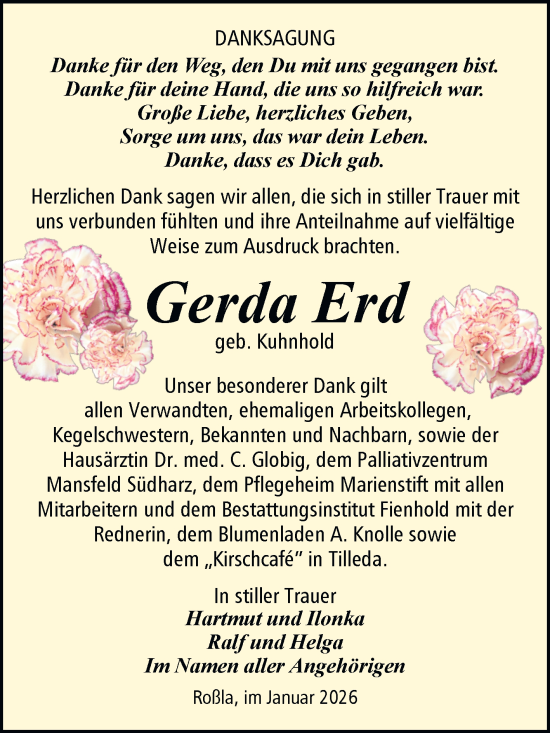 Traueranzeige von Gerda Erd von Trauerkombi Sangerhausen