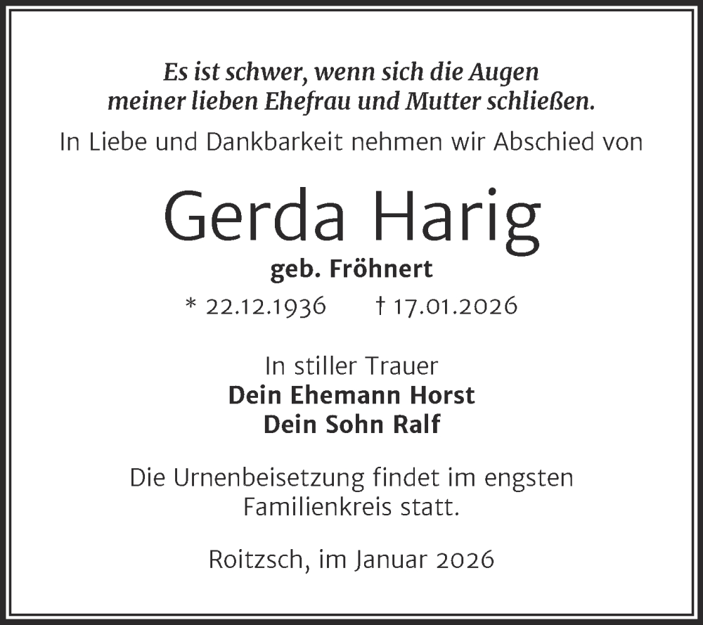  Traueranzeige für Gerda Harig vom 24.01.2026 aus Trauerkombi Bitterfeld