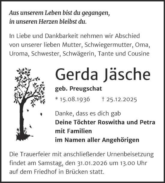 Traueranzeige von Gerda Jäsche von Trauerkombi Sangerhausen