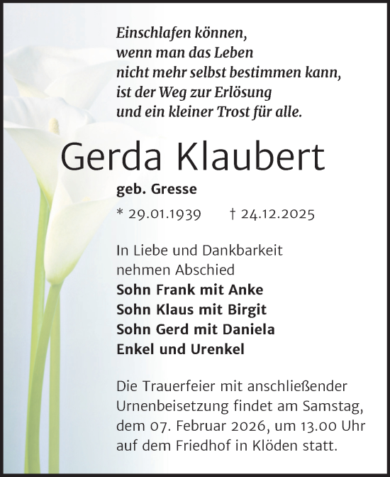 Traueranzeige von Gerda Klaubert von Trauerkombi Wittenberg