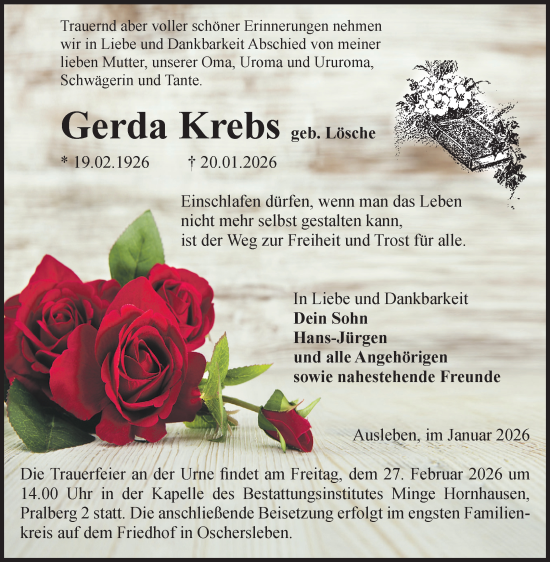 Traueranzeige von Gerda Krebs von Volksstimme Oschersleben/Wanzleben