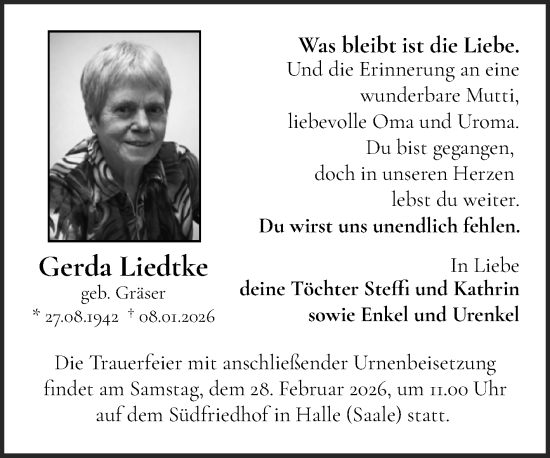 Traueranzeige von Gerda Liedtke von Mitteldeutsche Zeitung Halle/Saalkreis