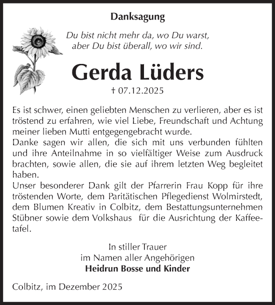 Traueranzeige von Gerda Lüders von Volksstimme Haldensleben/Wolmirstedt