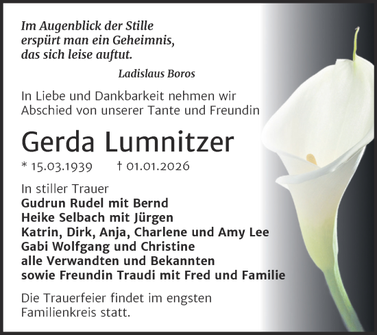 Traueranzeige von Gerda Lumnitzer von Trauerkombi Dessau