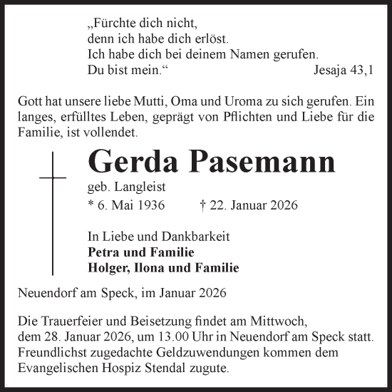 Traueranzeige von Gerda Pasemann von Volksstimme Altmark Ost