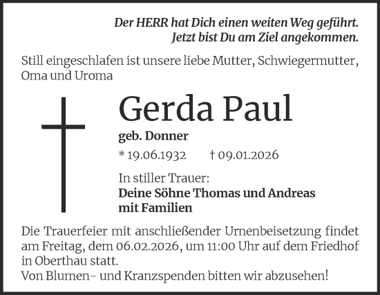 Traueranzeige von Gerda Paul von Trauerkombi Merseburg